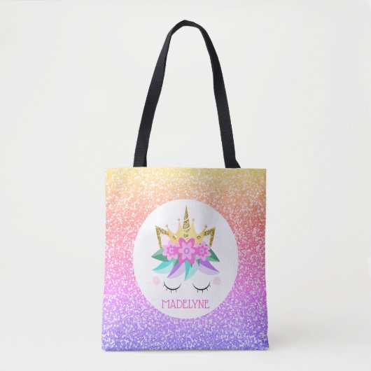 Unicorn Princess Rainbow Glitzer Personalisierter  Tasche (Vorderseite)