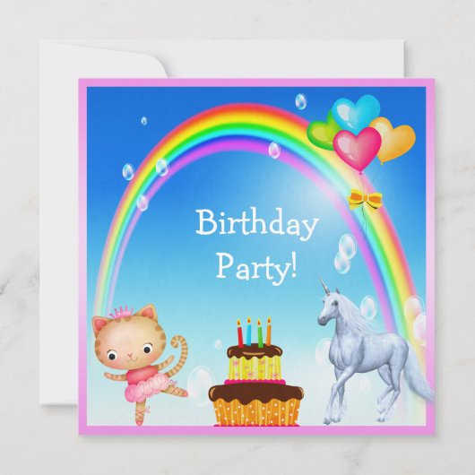 Unicorn, Prinzessin Kitty u. Regenbogen-Party lädt Einladung (Rückseite)