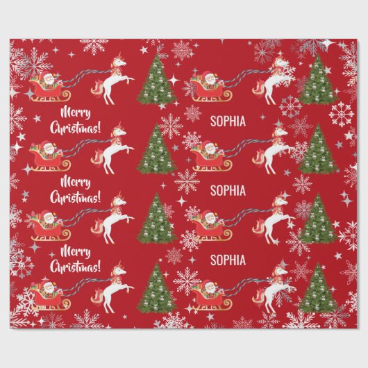 Unicorn Pulling Santa's Sleigh Snow Personalized Geschenkpapier (Flach)