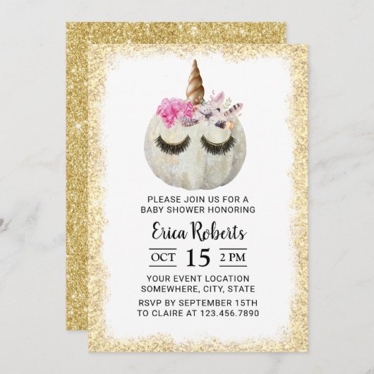 Unicorn Pumpkin Gold Glitzer Baby Shower Einladung (Vorne/Hinten)