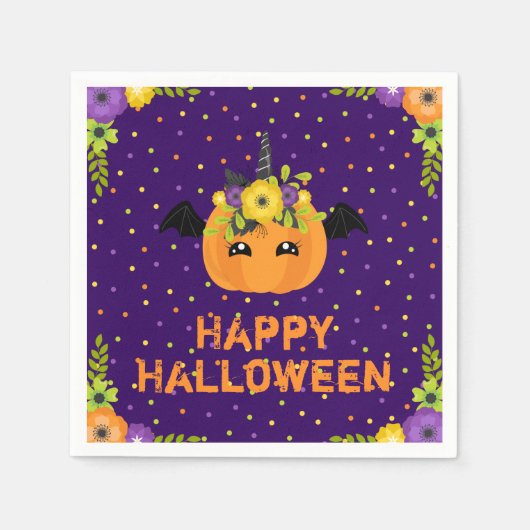 Unicorn Pumpkin Happy Halloween Lila Napkins Serviette (Vorderseite)