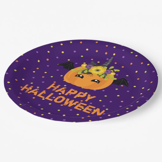 Unicorn Pumpkin Happy Halloween Lila Papierplatte Pappteller (Schrägansicht)
