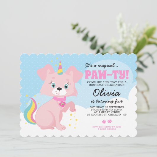 Unicorn Puppy - Unipuppy Girly Birthday Einladung (Stehend Vorderseite)
