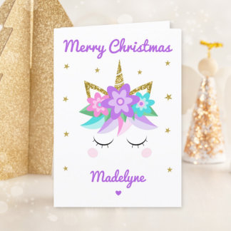 Unicorn Purple Flowers Christmas Personalized Name Feiertagskarte