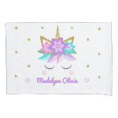 Unicorn Purple Flowers Glitzer Stars Personalisier Kissenbezug (Vorderseite)