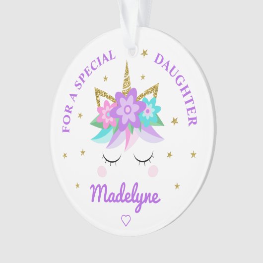 Unicorn Purple Flowers Stars Daughter Ornament (Vorderseite)