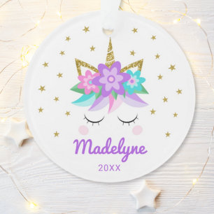 Unicorn Purple Flowers Stars Personalisierter Name Ornament