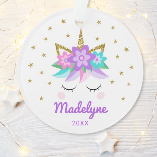 Unicorn Purple Flowers Stars Personalisierter Name Ornament