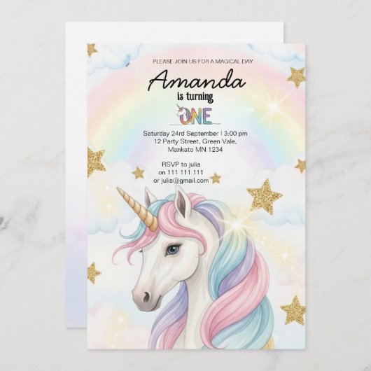 Unicorn Rainbow 1st Birthday Party Invitation Einladung (Vorne/Hinten)