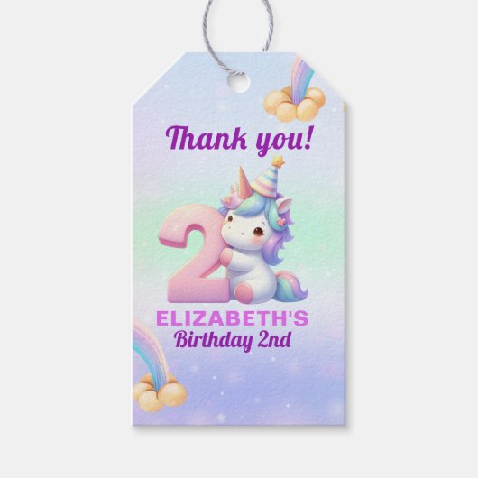 Unicorn Rainbow 2nd Birthday Party  Geschenkanhänger (Vorderseite)
