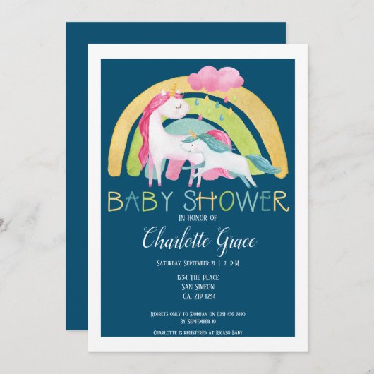 Unicorn Rainbow Baby Shower Boy oder Unisex Ankündigung (Vorne/Hinten)
