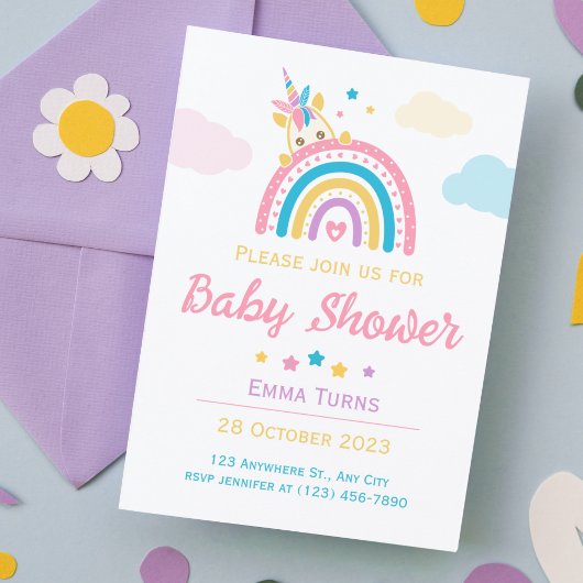 Unicorn Rainbow Baby Shower Girl Einladung