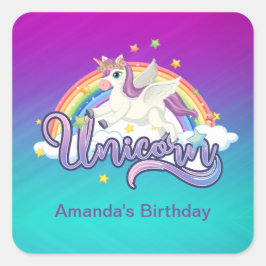 Unicorn Rainbow Birthday Magical Whimiscal Quadratischer Aufkleber