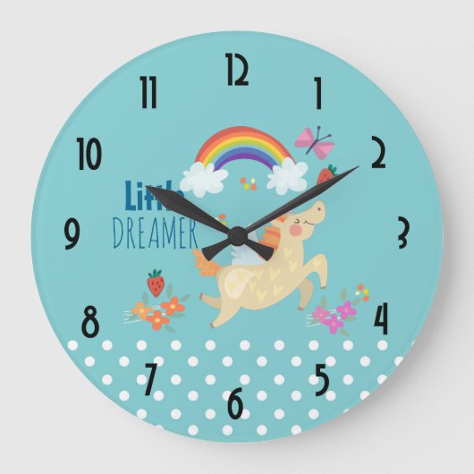 Unicorn Rainbow Clouds and Flowers Little Dreamer Große Wanduhr (Vorderseite)