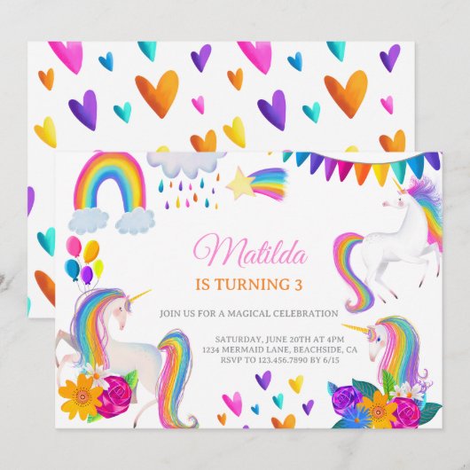 Unicorn Rainbow Colorful Birthday Invitation Einladung (Vorne/Hinten)