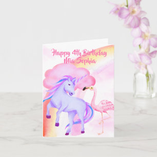 Unicorn Rainbow Flamingo Girls 4. Geburtstag Karte