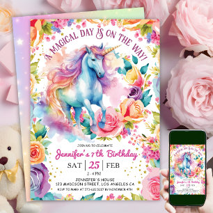 Unicorn Rainbow Floral Bloom   7. Geburtstag Einladung