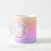 Unicorn Rainbow Glitzer Personalisiert Name Kaffeetasse (Vorderseite Links)