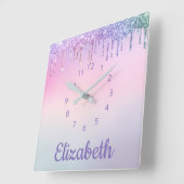 Unicorn Rainbow Glitzer Personalisiert Quadratische Wanduhr (Winkel)