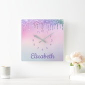 Unicorn Rainbow Glitzer Personalisiert Quadratische Wanduhr (Zuhause)