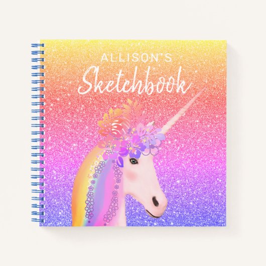 Unicorn Rainbow Glitzer Sketchbook Skript Notizblock (Vorderseite)