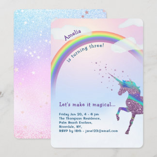Unicorn Rainbow Glitzer Stars Magischer Geburtstag Einladung