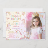 Unicorn Rainbow Glitzern Gold Birthday Foto Einladung (Vorderseite)