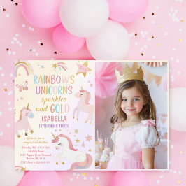 Unicorn Rainbow Glitzern Gold Birthday Foto Einladung