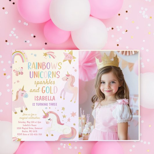 Unicorn Rainbow Glitzern Gold Birthday Foto Einladung