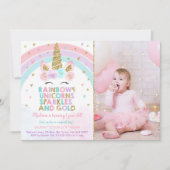 Unicorn Rainbow Glitzern Gold Einladung (Vorderseite)