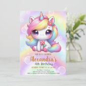 Unicorn Rainbow Glitzern Gold Geburtstag Einladung (Stehend Vorderseite)