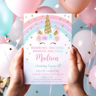 Unicorn Rainbow Glitzern Gold Geburtstag Einladung