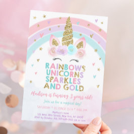 Unicorn Rainbow Glitzern Gold Geburtstag Einladung