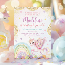 Unicorn Rainbow Glitzern Gold Geburtstag Einladung