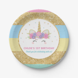 Unicorn Rainbow Gold Glitzer Birthday Party Paper  Pappteller