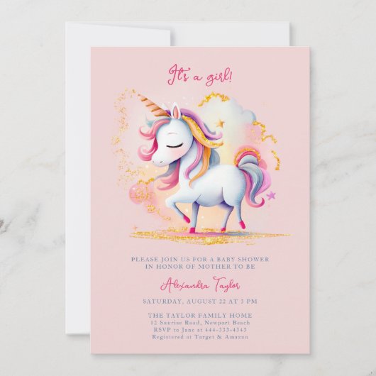 Unicorn Rainbow Gold Glitzer Cloud Girl Baby Showe Einladung (Vorderseite)