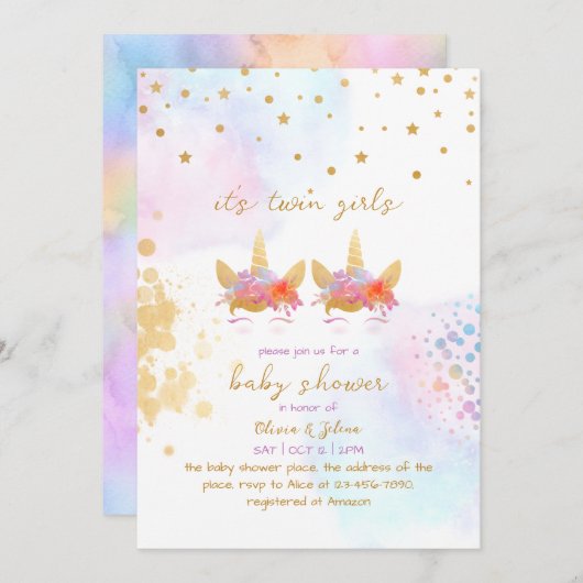 Unicorn Rainbow Gold Glitzer Twin Girl Baby Shower Einladung (Vorne/Hinten)