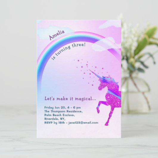 Unicorn Rainbow Iridescent Glitzer Stars Magisch Einladung (Stehend Vorderseite)