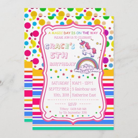 Unicorn Rainbow Magical Birthday Personalize UAWG Einladung (Vorne/Hinten)