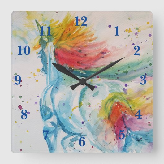 Unicorn Rainbow Magical Girls Childrens Room Clock Quadratische Wanduhr (Vorderseite)