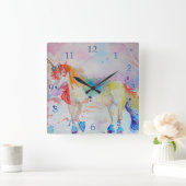 Unicorn Rainbow Magical Girls Childrens Room Clock Quadratische Wanduhr (Zuhause)