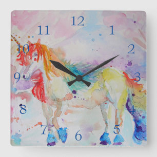 Unicorn Rainbow Magical Girls Childrens Room Clock Quadratische Wanduhr