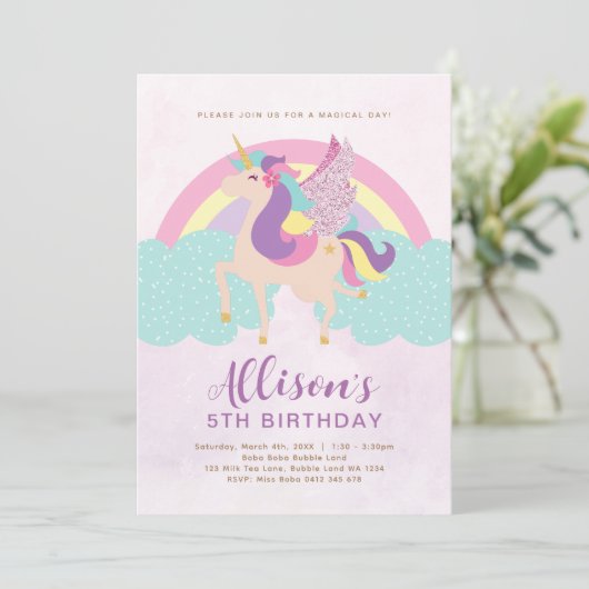 Unicorn Rainbow Personalisiert Geburtstag Einladung (Stehend Vorderseite)