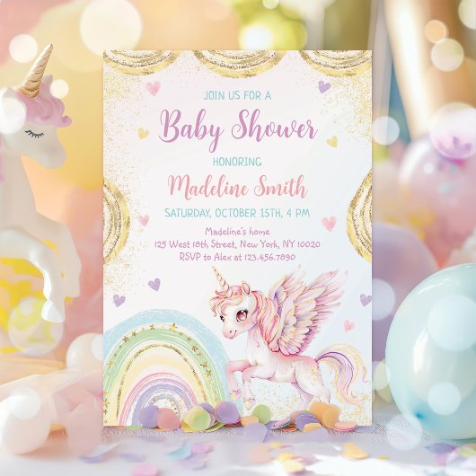 Unicorn Rainbow Pink Gold Baby Dusche Einladung