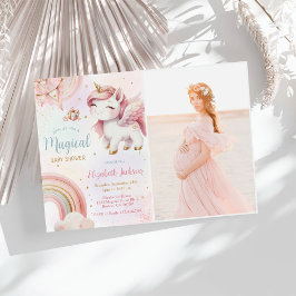 Unicorn Rainbow Pink Gold Baby Dusche Foto Einladung