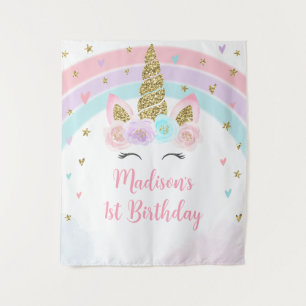 Unicorn Rainbow Pink Gold Geburtstagsgrundierung Wandteppich