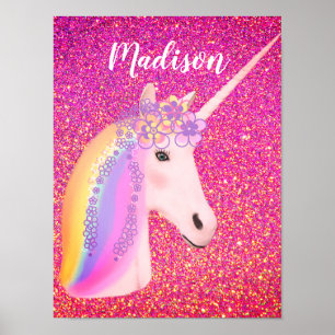 Unicorn Rainbow Pink Gold Glitzer Sparkle Girls Poster