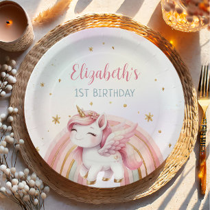 Unicorn Rainbow Pink Gold Pastel Geburtstag Pappteller