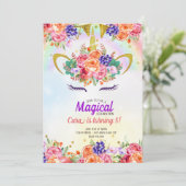 Unicorn Rainbow Tropical Birthday Einladung (Stehend Vorderseite)