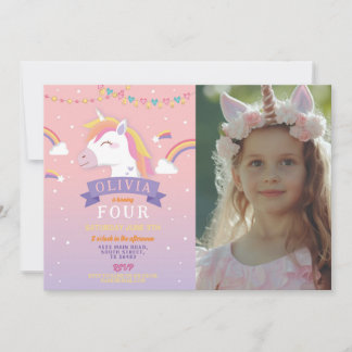 Unicorn Rainbows Foto Geburtstagsparty Pink Stars Einladung